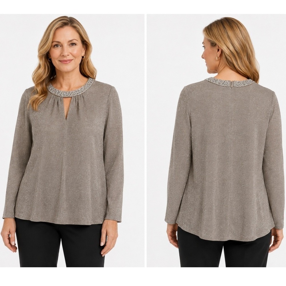 Alex Evenings Blouse sz 6 Taupe Metallic Beaded Neck Tunic Top Cocktail Party